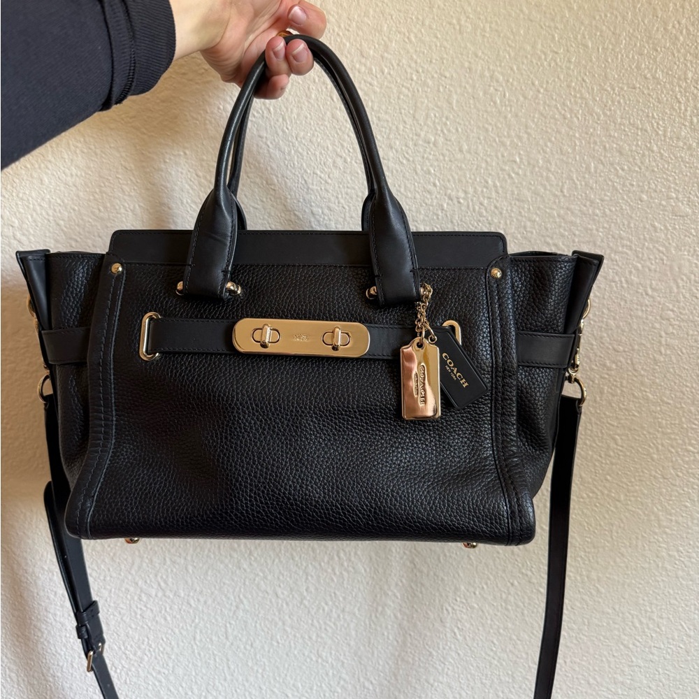 Coach Swagger 27 Black Pebbled Leather Satchel with Gold Hardware